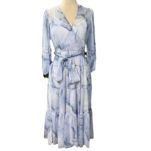 NWOT Calvin Klein Faux Wrap Midi Dress 6 Blue Watercolor Marble Feminine Tiers